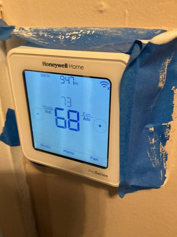 Completed scheduled heating maintenance service (rescheduled from previous date). Replaced 20x20x4 air filter with new unit as included in maintenance agreement. Inspected Honeywell Home ProSeries thermostat, which is functioning properly with temperature differential noted (68° set point, 73° actual). System operating within normal parameters.