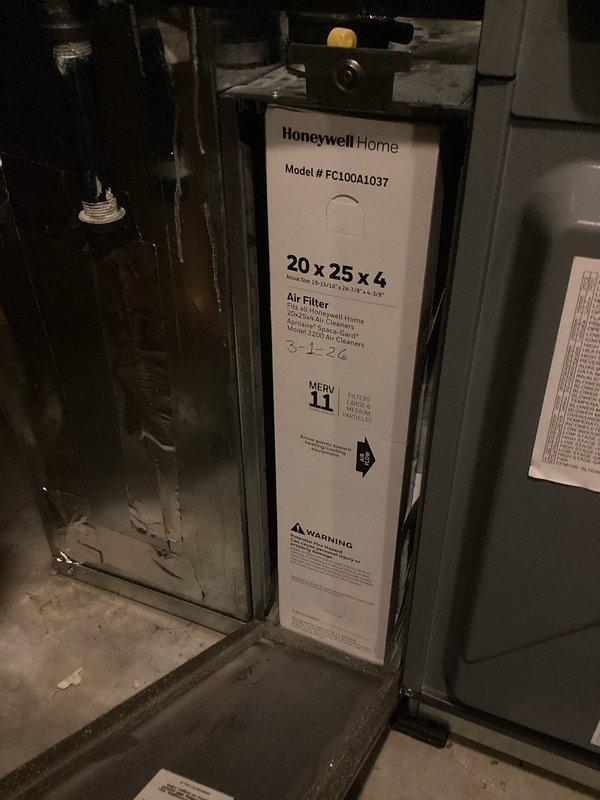 Performed bi-annual heating system maintenance on a single HVAC unit with Honeywell Home filtration system (20x25x4 MERV 11). Inspected digital thermostat functionality, confirmed proper heating operation with system maintaining 71°F setpoint. Documented filter installation with replacement date notation (3-4-26) for future service reference.