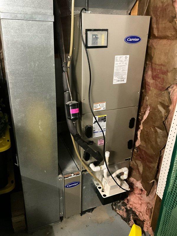 Conducted comprehensive assessment of existing Carrier HVAC system located in basement utility area. System evaluation revealed replacement requirements for either heat pump or complete system. Documented current installation configuration including furnace unit, ductwork connections, condensate drainage system, and surrounding infrastructure to develop appropriate replacement specifications.