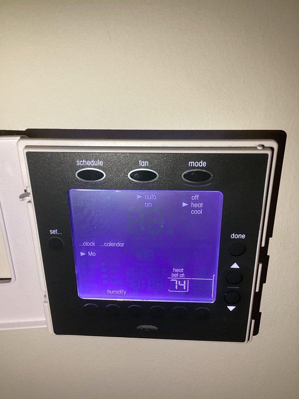 Performed scheduled maintenance on Carrier HVAC system under CCHP-Heating agreement (renewal 8/6/26). Inspected and tested thermostat functionality, verified proper operation of heating mode and temperature settings. Replaced 20x25x1 air filter as included in maintenance plan and conducted comprehensive inspection of furnace unit.