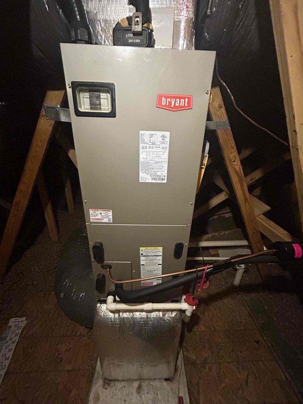 Performed second opinion diagnosis on Bryant HVAC system that was not producing cool air despite unit activation. Inspection revealed damaged ceiling access panel and examined attic-mounted air handler. Determined system requires repair to restore proper cooling function for homeowner who is preparing property for sale.