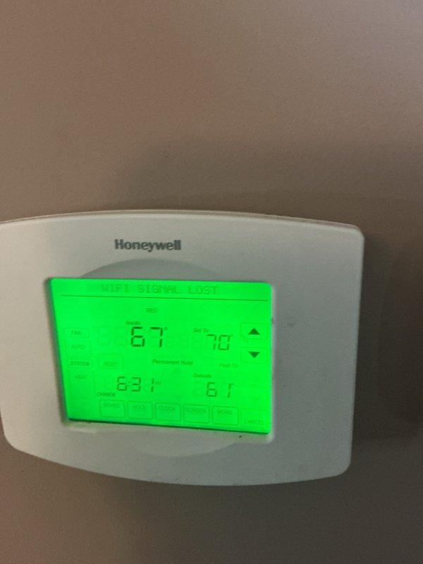 Performed monthly maintenance service on Carrier HVAC system with heating focus. Inspected and verified Honeywell digital thermostat operation (current temp 67°F, set point 70°F, 63% humidity). Replaced 14x20x1 filter as included in CCH Basic Monthly service. System functioning properly with no issues identified.