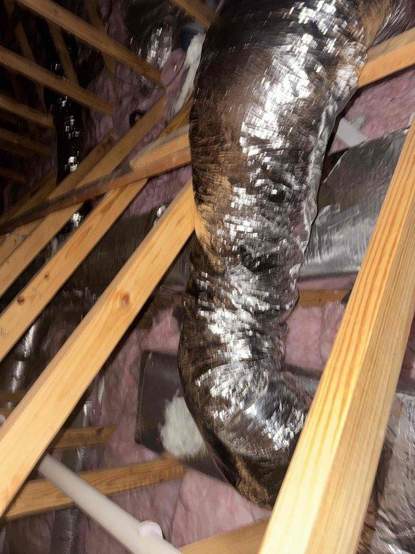 Performed warranty service on previously installed church ducting system. Identified need to reposition flex runs to middle classrooms with improper connections. Documented 8" flex ducting requiring new collars and metal patching materials to properly seal holes after relocation work is completed.