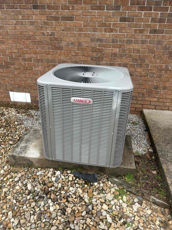 Performed routine maintenance on Lennox HVAC system with heating service plan renewal through 2/5/26. Inspected outdoor condensing unit and verified proper operation of Sensi thermostat (displaying 75° with 76° setpoint). Note: 20x20x4 filter not included in service.
