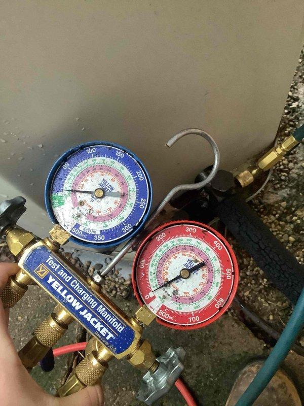 Diagnosed heat pump system operating exclusively on emergency heat. Performed system evaluation and pressure testing using manifold gauges on the outdoor condenser unit. Confirmed defrost cycle malfunction causing extended heating times and inefficient operation.