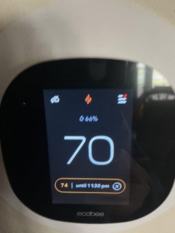 Completed scheduled maintenance on heating system per rescheduled appointment. Performed standard inspection of ecobee thermostat (functioning properly at 70°F with 74°F set point) and checked system components. Replaced 16x25x4 filter as part of monthly maintenance service.