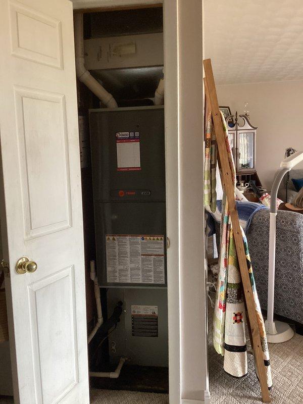 Performed monthly basic cooling maintenance service. Inspected Honeywell thermostat (76°/66° set point) and verified proper operation. Examined furnace unit in utility closet, checking all connections and PVC piping for proper installation and functionality.