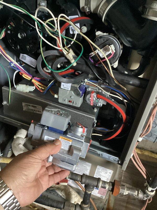 Technician returned to complete scheduled repair, successfully removing and replacing faulty gas valve assembly in customer's furnace system. All wiring was properly reconnected to the new valve according to manufacturer specifications, and system operation was verified following installation.