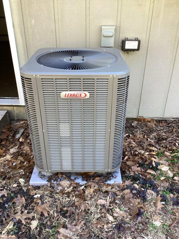 Responded to warranty service call for recently installed Lennox heat pump system that customer reported would not turn on. Inspected outdoor condenser unit and Lennox digital thermostat, which was properly displaying temperature readings and set to "heat only" mode with a heat-to temperature of 60°. Resolved operational issue and verified system functionality before completing the service.