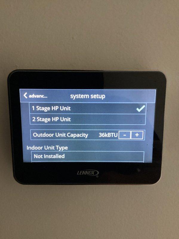 Diagnosed thermostat configuration issue with Lennox digital thermostat. Determined that warranty replacement thermostat is required to resolve programming discrepancy between displayed parameters and actual system configuration. Will return with warranty replacement to complete repair.