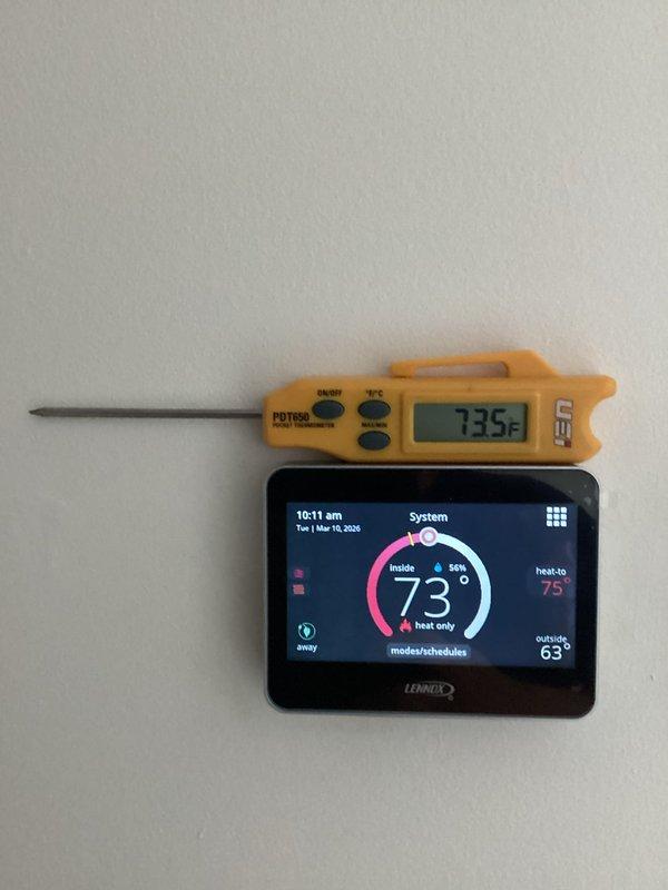 Diagnosed thermostat configuration issue with Lennox digital thermostat. Determined that warranty replacement thermostat is required to resolve programming discrepancy between displayed parameters and actual system configuration. Will return with warranty replacement to complete repair.