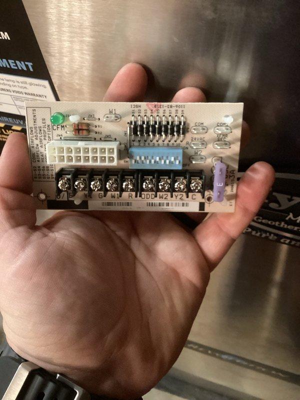 Service was placed on hold due to flooding at the property and requires rescheduling. Identified need for warranty replacement of ECM board (Enertech Global LLC #241409263-001) per technical support recommendation. Visual inspection of control panel and circuit board components was completed with photographic documentation for reference.