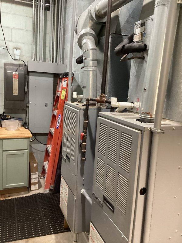 Completed annual spring maintenance on two HVAC systems (CCH & CCC) in basement utility room. Performed standard inspection and service of both furnace units, including replacement of 16x20x1 air filter. Systems are operating normally with Value Renew agreement active until 7/10/26.