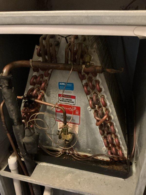 Performed scheduled monthly maintenance on CCHP heating system. Inspected thermostat (Honeywell ProSeries) confirming proper operation in heat mode at 74°F with 76°F setpoint. Examined evaporator coil assembly which shows normal oxidation on copper components consistent with system age; all connections remain secure with no visible leaks detected.