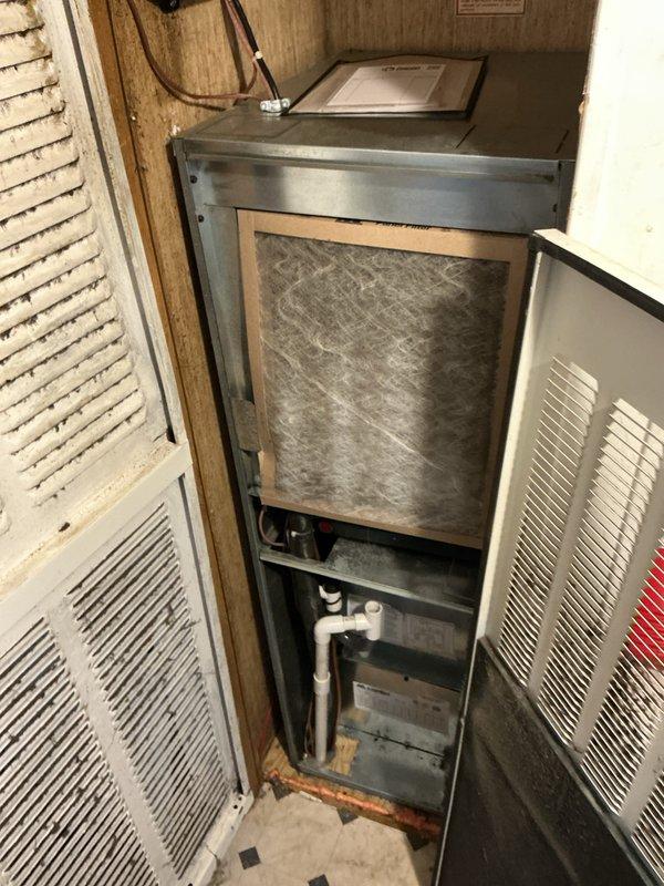 Performed scheduled HVAC heating maintenance on CCHP system with renewal date 7/1/26. Inspected furnace components including PVC connections and control panel, noting some corrosion at base of unit. Replaced dirty air filter with new 16x20x1 filter as included in maintenance agreement.