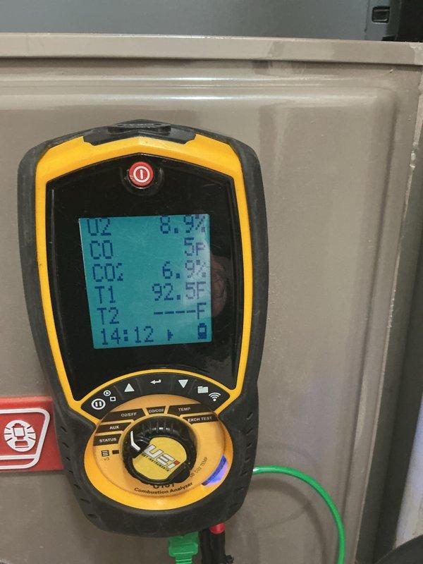Performed routine maintenance on CCHP heating system, including combustion analysis that showed proper O2 (8.9%) and CO2 (6.9%) levels with minimal CO production. Replaced 20x25x4 air filter as included in maintenance agreement, with system renewal scheduled for 7/13/29.