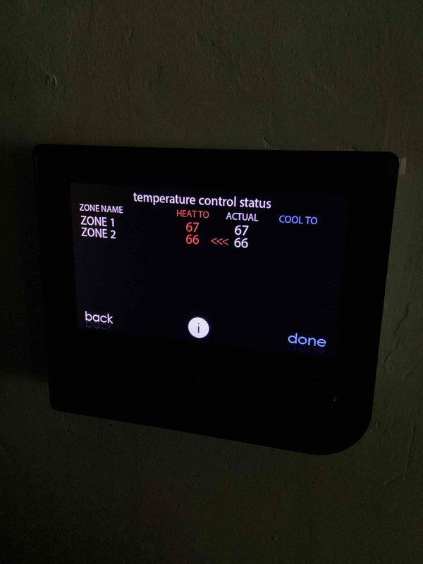 Performed routine maintenance on 2-system CCGH with expired agreement but service owed. Conducted temperature testing with PDT650 thermometer showing 89.4°F readings and verified zone control functionality on digital thermostat (Zone 1: 67°, Zone 2: 66°). Customer advised that 16x20x4 filter not included with service.