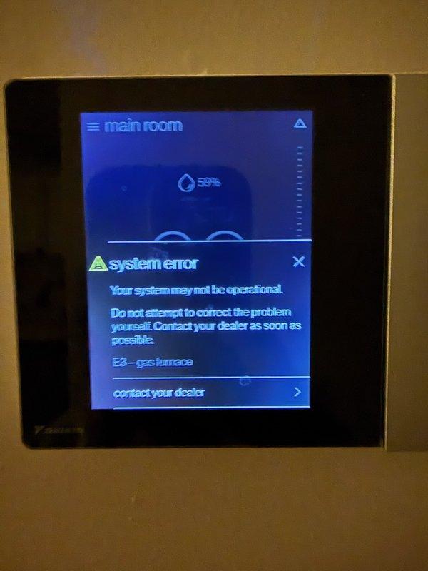 Responded to callback for offline thermostat displaying E3 gas furnace error code. Diagnosed connectivity issue between thermostat and Daikin One Cloud. Successfully resolved by connecting device to mobile hotspot, installing software update, then reconnecting to customer's home Wi-Fi, which restored cloud connectivity and mobile app functionality.
