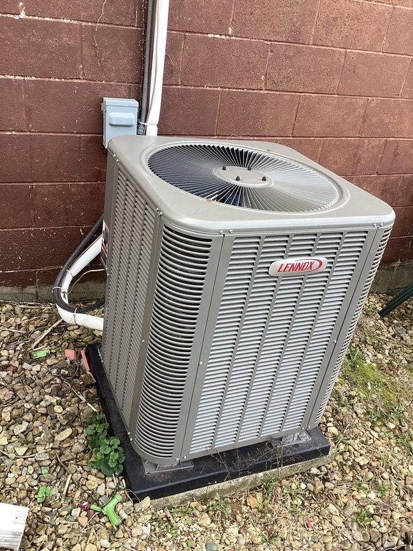 Performed routine maintenance on Lennox CCHP heating system as part of expired but owed service agreement. Inspected outdoor condenser unit, electrical components including circuit board, relay, and capacitor, and verified all connections were secure. Filter replacement (20x20x4) was not included in service; documented system condition with photos of exterior unit and control panel.