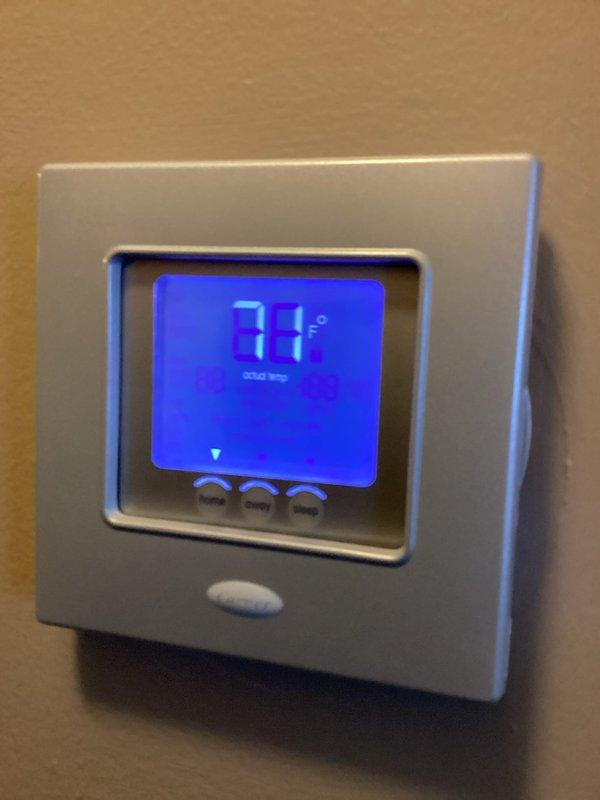 Performed complimentary furnace inspection with thorough system evaluation. Verified proper operation of two digital thermostats - one displaying 80°F with menu/help functionality and another showing 68°F in heat mode with fan set to auto. All components functioning within normal parameters with no issues detected.