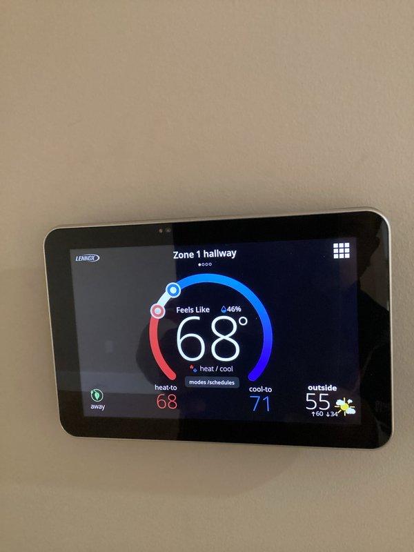 Performed comprehensive maintenance service on two CCH heating systems with Basic Plus service coverage. Inspected and documented proper operation of Lennox smart thermostat for Zone 1 hallway, confirming accurate temperature control settings (heat-to 68°, cool-to 71°) and system responsiveness. Both systems functioning correctly with no issues detected.