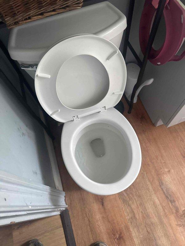 Successfully cleared clogged drain in commercial kitchen double-basin sink that showed significant mineral buildup and residue around drain area. Also inspected bathroom toilet for proper functioning as part of comprehensive plumbing service.