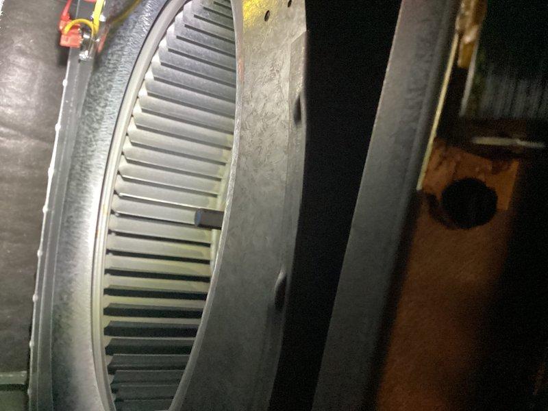 Performed monthly maintenance service on heating system, replacing the 20x25x4 filter (customer-supplied). Inspected blower wheel assembly and internal ductwork, noting proper operation with no obstructions in the ventilation pathway. Verified airflow through metal mesh filter barrier is adequate for optimal system performance.