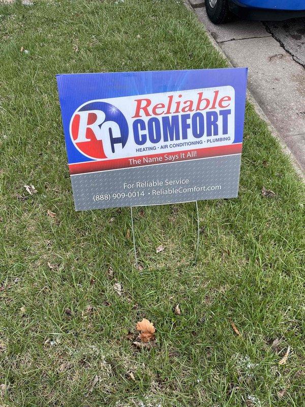 Completed installation of Lennox AC system with matching coil in customer's home. Installed the HVAC unit in basement utility area with proper PVC drainage and ductwork connections. Verified system operation and secured customer approval with appropriate documentation, with Reliable Comfort yard sign placed upon completion.