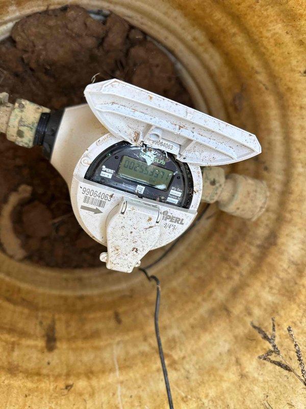 Performed inspection of suspected water leak at main line. Accessed water meter in ground housing and examined PERL digital meter for abnormal readings. Visual inspection of meter and surrounding connections revealed no active leaks at this time. Meter readings were documented for future reference.