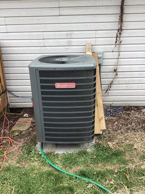 Performed scheduled heat maintenance service that was rescheduled from previous date. Inspected thermostat functionality - confirmed proper operation with system maintaining 74° setpoint. Examined outdoor Goodman condensing unit, checked connections and verified proper installation on concrete pad.