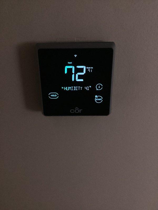 Performed monthly heating system maintenance on Carrier CCHP unit. Inspected system operation with thermostat set to 72°F in heating mode with 41% humidity. Visual inspection of equipment in mechanical room confirmed proper installation of components and connections. Filter replacement not included in this service as noted in maintenance agreement.