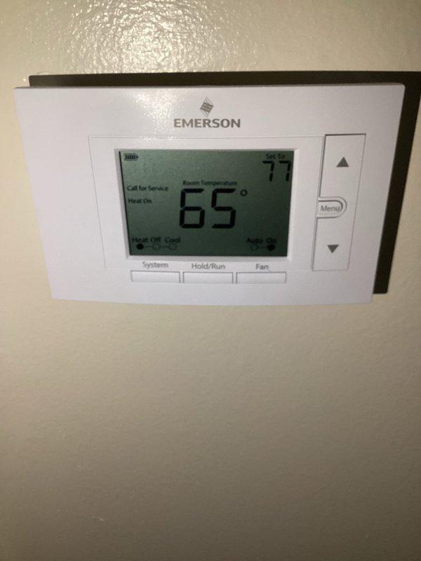 Responded to fifth service call for heat issues since January. Performed diagnostic testing with Fieldpiece meter on system and found thermostat displaying "Call for Service" notification with 10° temperature differential between actual (65°) and set point (75°). Previous gas valve replacement was insufficient; identified and corrected underlying control board issue causing intermittent heating failure.