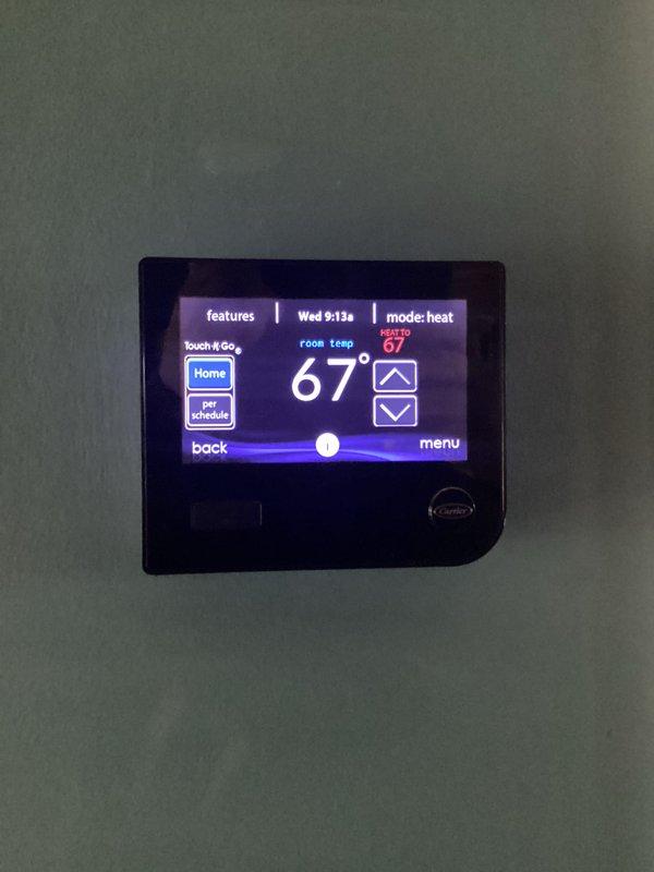 Performed routine heating maintenance on 2-system CCHP unit. Inspected and verified proper operation of both Carrier thermostats, confirming heat mode functionality and accurate temperature readings. Filter replacement (16x20x4 size) was not included in this service.