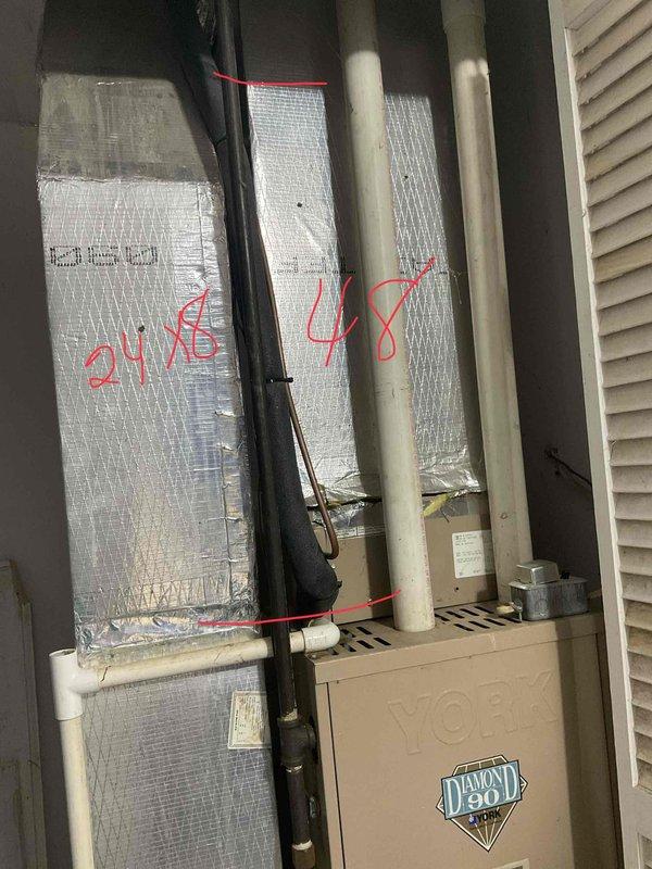 Inspected non-functioning York Diamond 90 furnace system that had reached end of life. Conducted assessment of the aging unit, noting significant wear on cabinet housing and surrounding ductwork with deteriorated insulation. Recommended complete system replacement due to age and condition of equipment.
