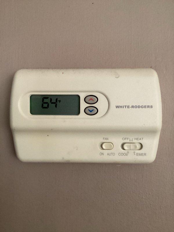 Performed monthly maintenance service on residential cooling system, including replacement of 16x20x1 filter. Inspected outdoor condenser unit, noting some debris accumulation on top surface requiring cleaning. Verified thermostat operation and confirmed system was properly set to heat mode with fan running continuously at 64°F.