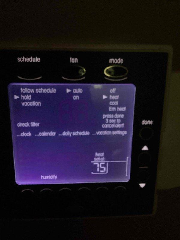 Completed basic monthly maintenance on two heating systems. Performed comprehensive check-up on both units, verifying thermostat operation and system functionality. Both systems operating normally with thermostats displaying proper temperature readings and heat cycles engaging as programmed.