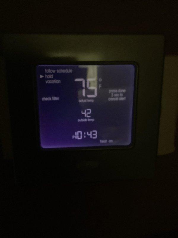 Completed basic monthly maintenance on two heating systems. Performed comprehensive check-up on both units, verifying thermostat operation and system functionality. Both systems operating normally with thermostats displaying proper temperature readings and heat cycles engaging as programmed.