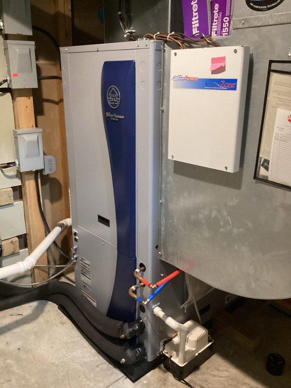 Completed Basic Plus monthly maintenance on two HVAC systems including a WaterFurnace geothermal unit and shop unit. Performed thorough cleaning of condensate trap on shop unit with photo documentation as requested, addressing concern from previous service visit. Inspected electrical connections, blower assemblies, and all mechanical components on both systems to ensure proper operation.