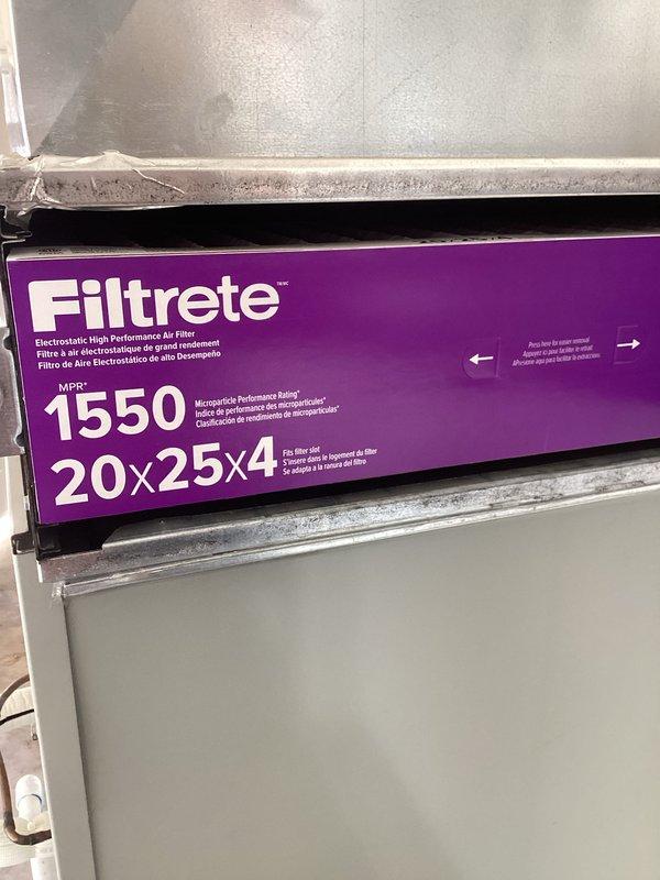 Completed comprehensive cooling and heating monthly maintenance service. Installed new Filtrete MPR 1550 electrostatic high-performance air filter (20x25x4) in system filter housing. Verified Honeywell Home ProSeries thermostat operation and confirmed proper system functionality with unit set to 72°F in auto fan mode.