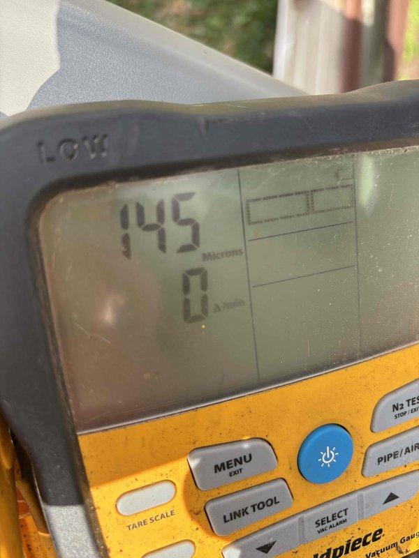 Completed full HVAC system installation consisting of Lennox heat pump and gas furnace. Performed vacuum test on refrigerant lines, achieving proper evacuation levels at 145 microns to ensure system integrity. Gas line connection deferred pending gas meter installation by utility company. System staged and ready for final gas line hookup and startup upon meter set completion.