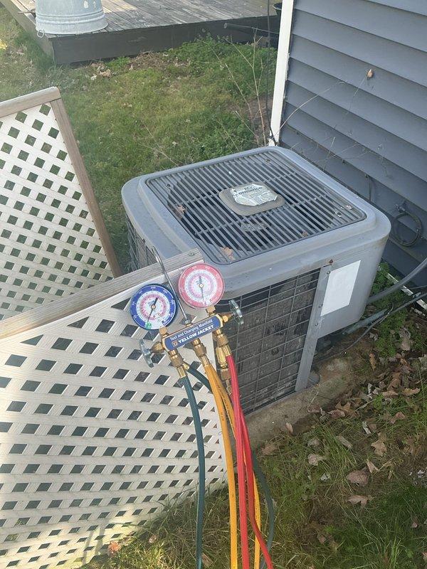 Completed comprehensive cooling cycle check (CCC) and basic monthly maintenance on residential air conditioning system. Performed system diagnostics using manifold gauges to verify refrigerant pressures and operational parameters, inspected outdoor condenser unit for proper airflow and physical condition, and documented equipment status. Unit operational at time of service completion.