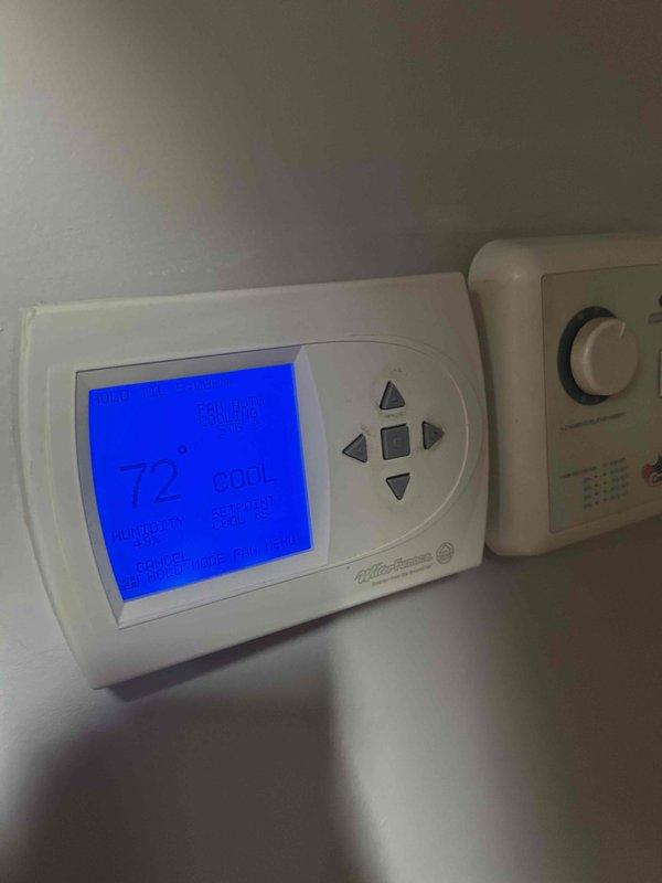 Completed routine preventative maintenance on residential geothermal heat pump system. Inspected and verified proper operation of White-Rodgers programmable thermostat with system maintaining setpoint at 72°F. Performed standard maintenance protocols including visual inspection of equipment, verified all controls functioning properly, and documented system operating parameters for service records.