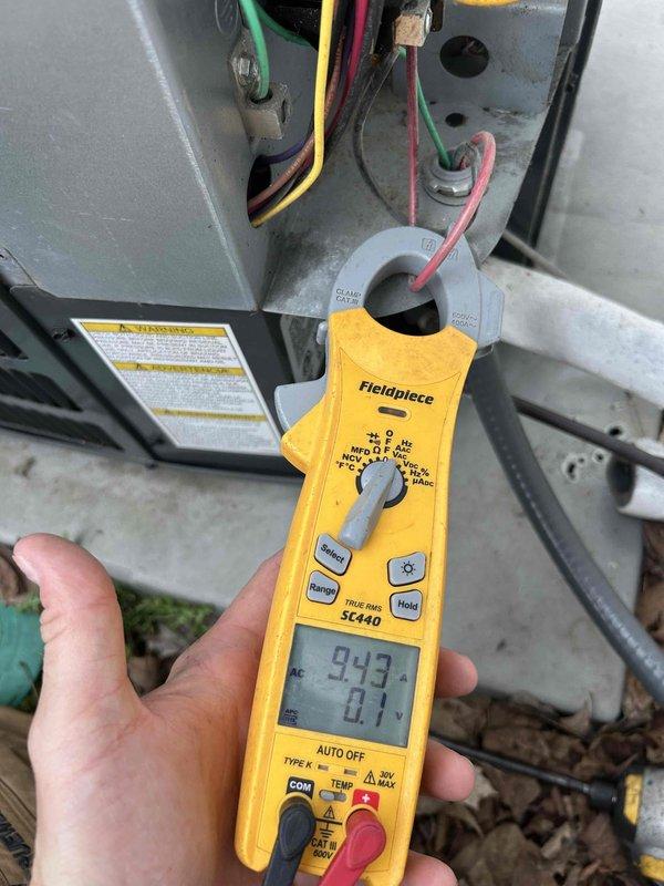 Responded to service call for air conditioning system blowing warm air. Upon arrival, performed diagnostic testing of electrical components using clamp meter to measure amperage and voltage at outdoor unit connections. Inspected indoor furnace and air handler assembly, checked refrigerant system operation, and verified proper electrical connections throughout the system to identify cause of cooling failure.