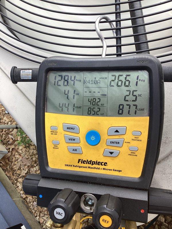 Completed comprehensive heating maintenance on Bryant HVAC system. Performed standard monthly preventive maintenance procedures including system inspection, operational testing, and performance verification. Utilized Fieldpiece SMAN refrigerant manifold and micron gauge to measure and document system pressures, temperatures, superheat, and subcooling values for R410A refrigerant. All readings confirmed system operating within manufacturer specifications. Exterior condenser unit inspected and found in good operational condition with no visible damage or excessive wear. Equipment maintained on proper concrete pad with adequate clearance and drainage. System tested and left in proper working order.