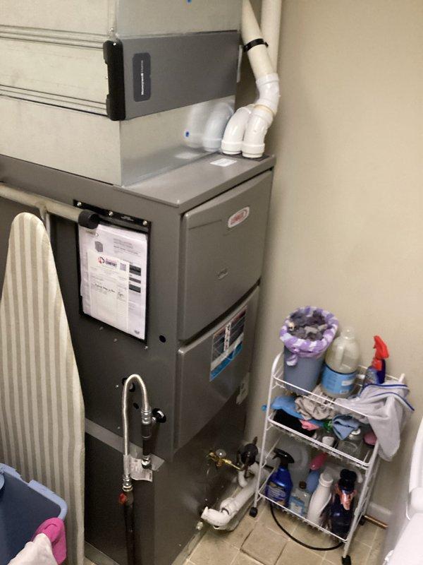 Completed comprehensive heating maintenance on residential furnace system. Performed standard safety inspection, verified thermostat operation at 74°F setpoint, and checked all system components including gas connections and PVC condensate drainage lines. Customer enrolled in CCC maintenance program with renewal date of 8/26/26; noted that 20x20x4 filter is not included in service agreement.