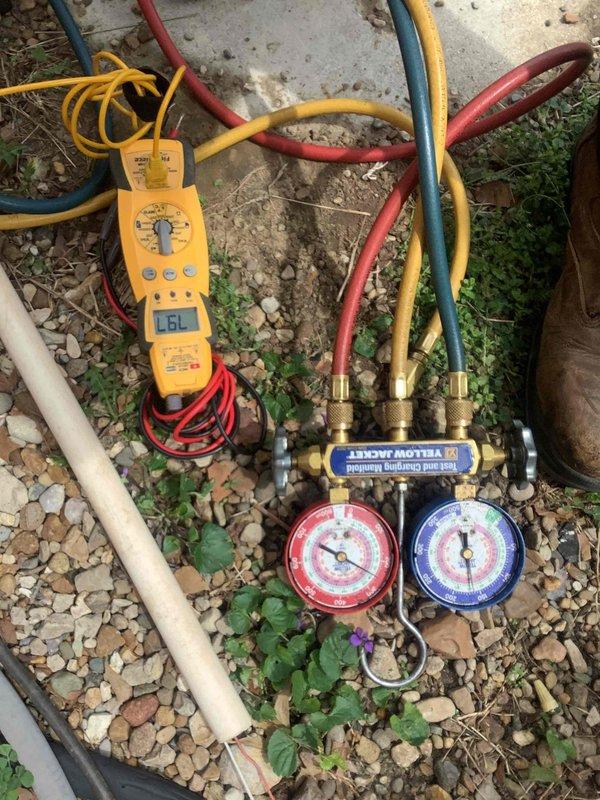 Performed follow-up diagnostic testing on heat pump system to verify operational status after previous compressor failure was identified by another contractor. Utilized manifold gauge set and digital multimeter to test electrical components and refrigerant pressures at outdoor unit. Conducted comprehensive system startup test with video documentation to confirm proper operation of all components including the previously installed 10kw heat kit, fan motor, shroud, and blade assembly from February service.