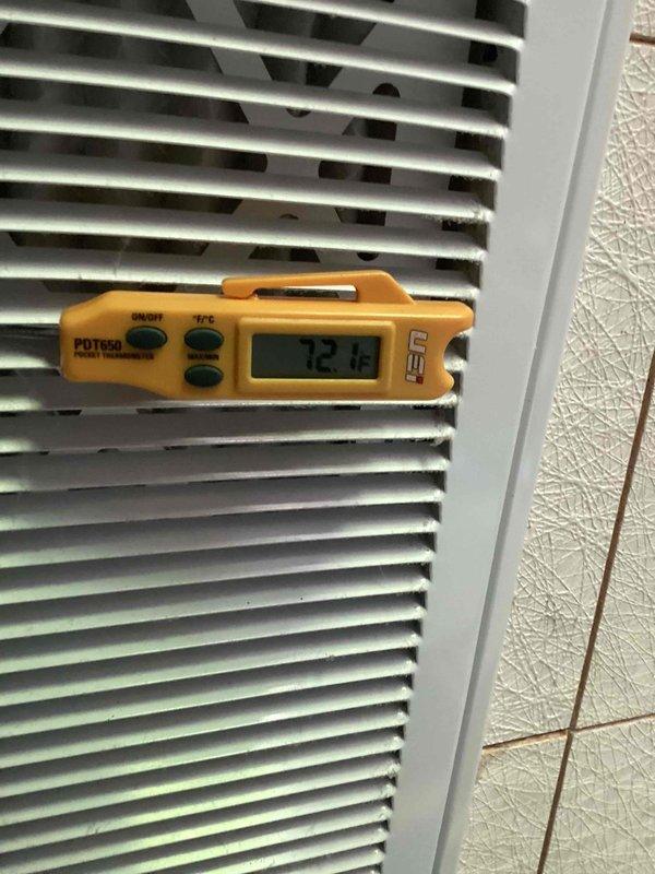 Completed spring cooling maintenance on residential HVAC system. Performed temperature diagnostics at supply and return vents, recording 58°F supply air temperature and 72.1°F return air temperature, indicating proper system operation and adequate temperature differential for cooling mode. System operating within normal parameters with no deficiencies noted.