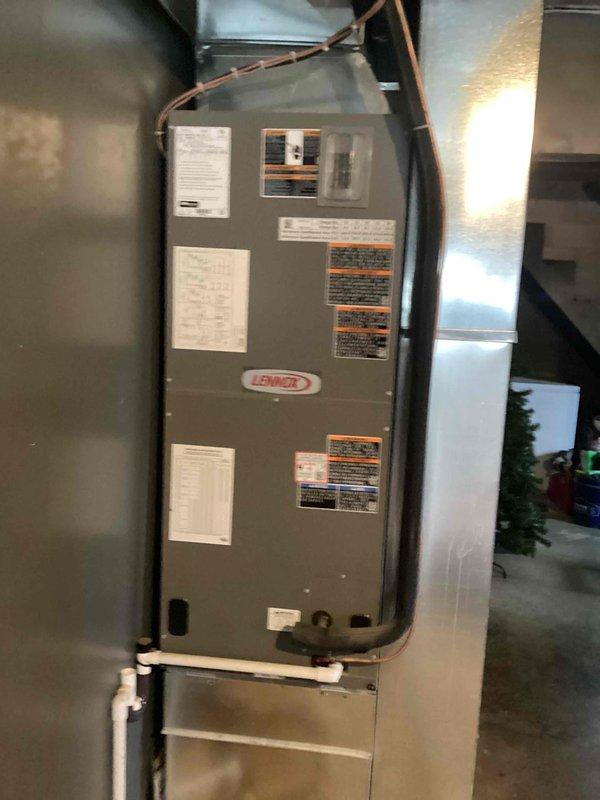 Completed scheduled heating maintenance on Lennox cold climate heat pump system. Performed comprehensive inspection of air handler unit, verified proper operation of all components, checked refrigerant lines and insulation integrity, inspected condensate drain system, and replaced 20x20x4 air filter. Confirmed thermostat programming and system functionality with all equipment operating within normal parameters.