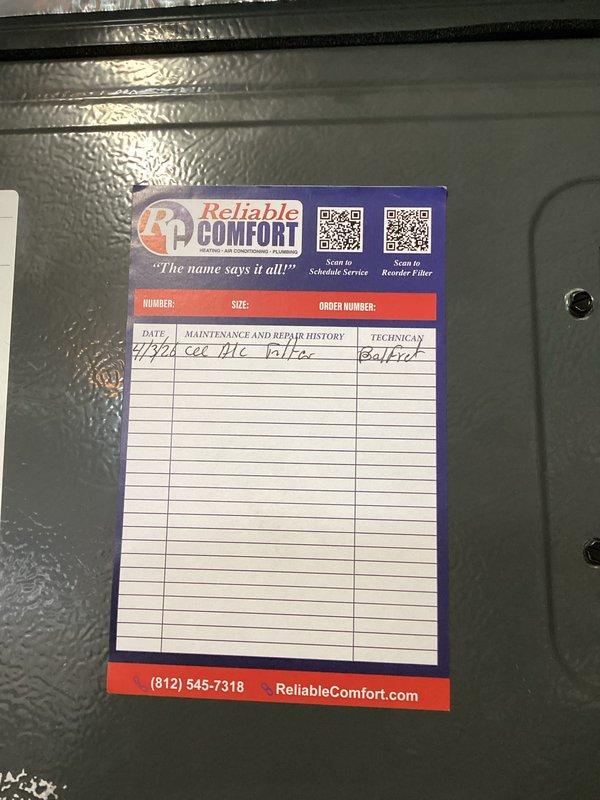 Performed complimentary cooling system tune-up on residential split-system air conditioning unit. Completed standard maintenance procedures including inspection of outdoor condenser unit, verification of electrical connections, and assessment of overall system operation. Updated service history tag with maintenance record and technician information for future reference tracking.
