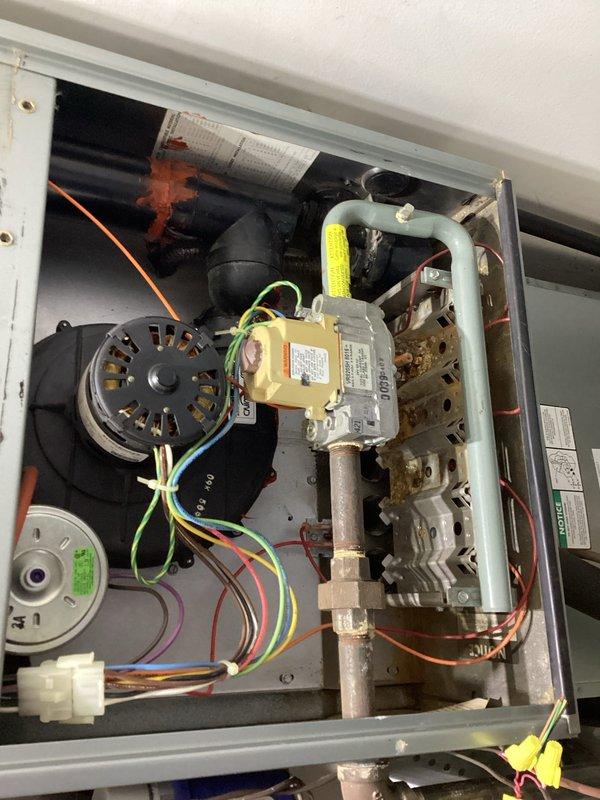 Responded to no cooling call and performed diagnostic inspection of residential HVAC system. Upon arrival, removed access panels and conducted thorough visual inspection of furnace cabinet interior, examining blower motor assembly, gas valve, burner components, and control board wiring. Inspected all electrical connections including low-voltage control wiring, terminal blocks, transformers, and relay assemblies for proper termination and signs of failure. Evaluated condition of blower motor, capacitor connections, and associated wiring harness. Assessed gas valve assembly and copper piping connections for integrity. Photographed control board configuration and internal components for documentation purposes. System showed typical operational wear with minor dust accumulation in cabinet but no immediate visible failures requiring emergency repair at time of inspection.